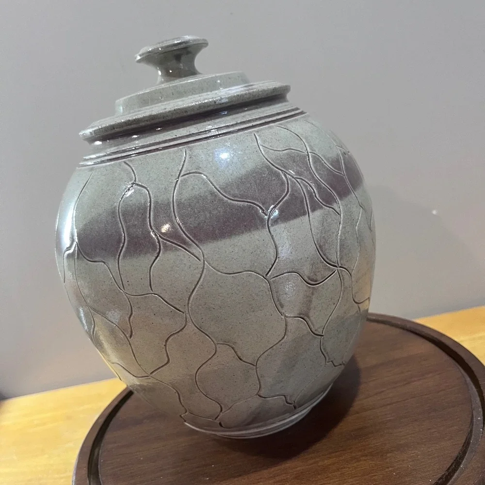 Vtg 1991 Loy Carpenter Studio Pottery Lidded Ginger Jar Gray Plum Postmodern Art